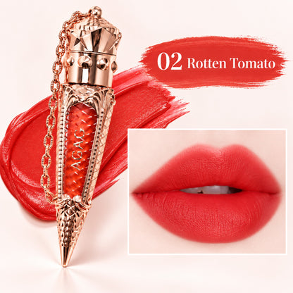 Shade 02 Rotten Tomato: coral-red matte lip glaze swatch and lip colour
