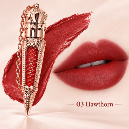 Shade 03 Hawthorn: deep brick-red matte lip glaze swatch and lip colour