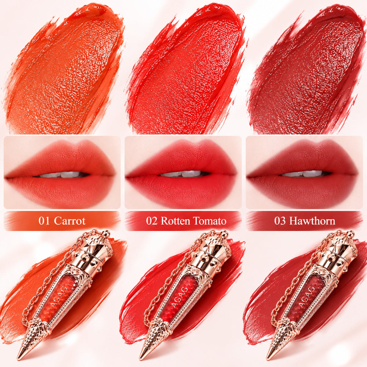 All three shades side by side: 01 Carrot, 02 Rotten Tomato, 03 Hawthorn swatches and lips