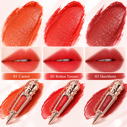All three shades side by side: 01 Carrot, 02 Rotten Tomato, 03 Hawthorn swatches and lips