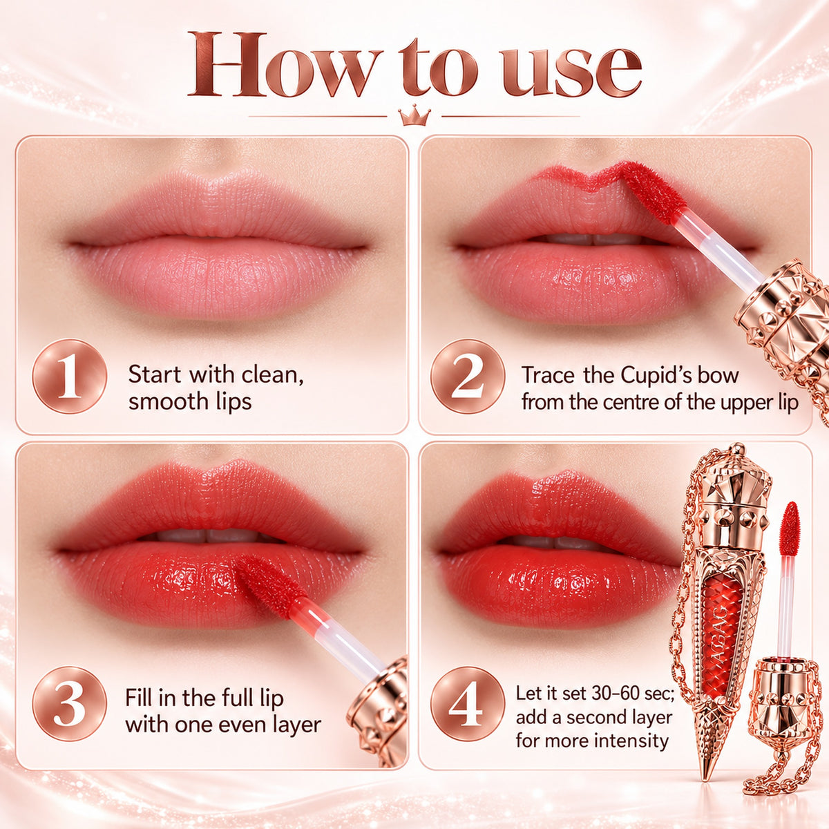 How to use: start with clean lips, trace the Cupid's bow, fill in one even layer, let set 30-60 seconds