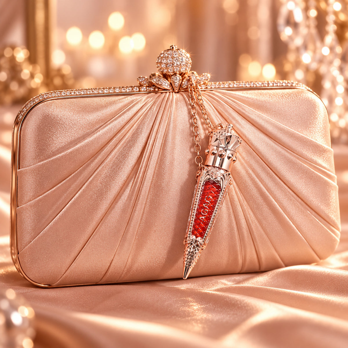 Crown lip glaze tube hanging by its chain from the clasp of a satin evening clutch