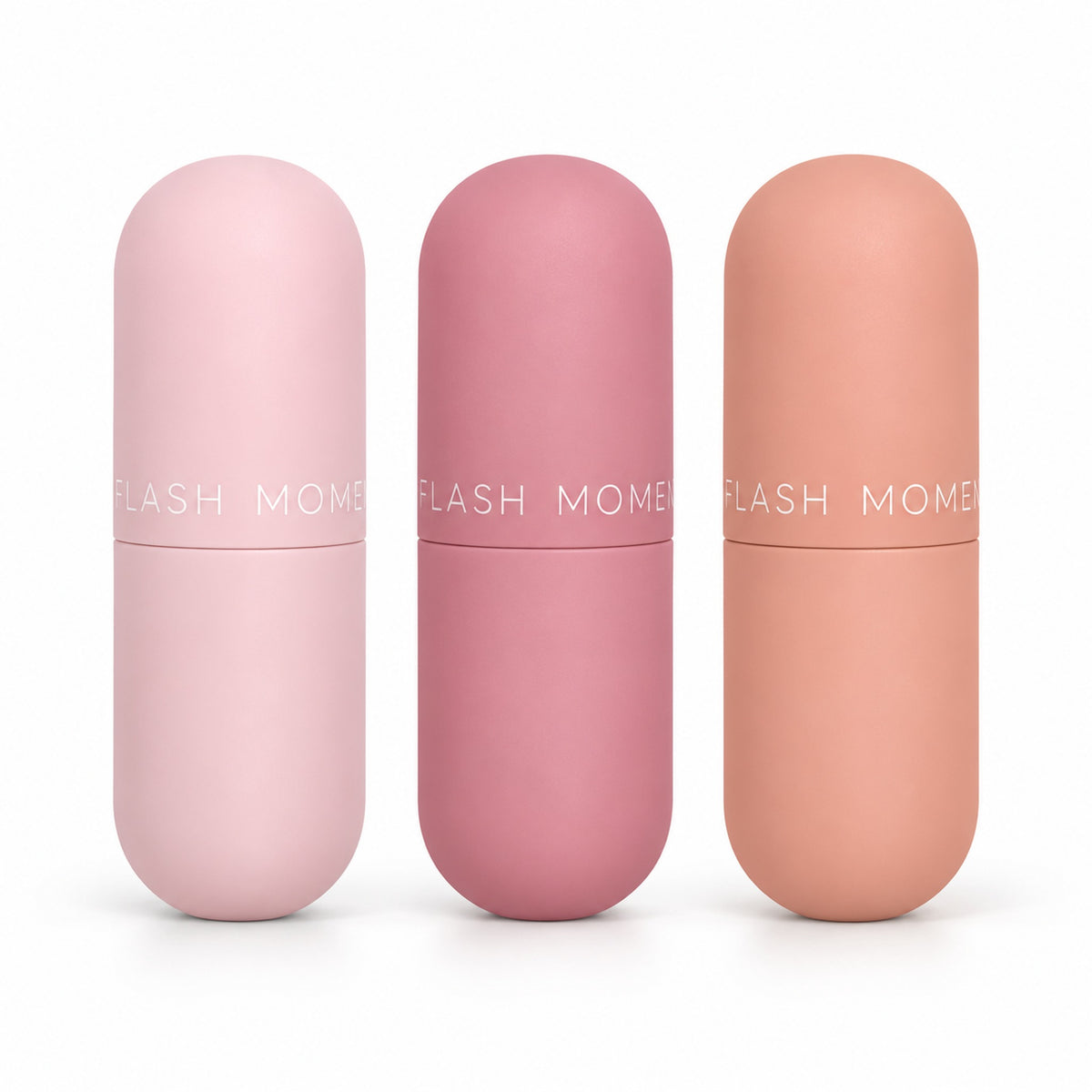 Flash Moment 3-piece matte capsule lip gloss set in pale pink, mauve rose and peach-nude