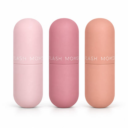 Flash Moment 3-piece matte capsule lip gloss set in pale pink, mauve rose and peach-nude