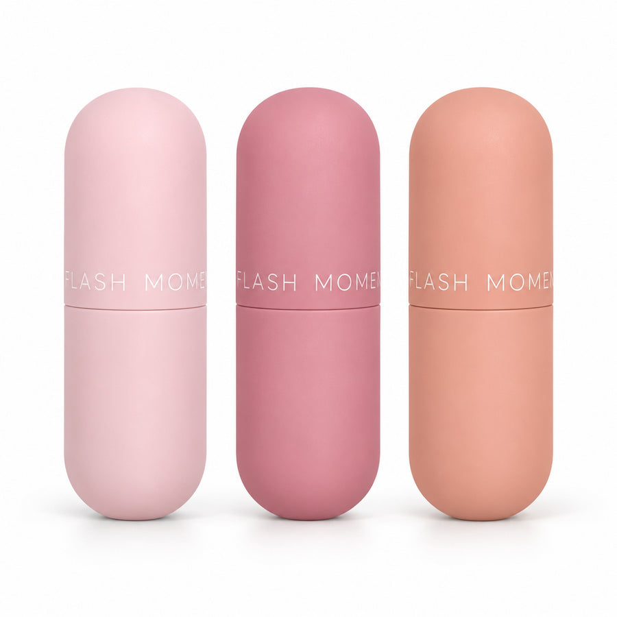 Flash Moment 3-piece matte capsule lip gloss set in pale pink, mauve rose and peach-nude