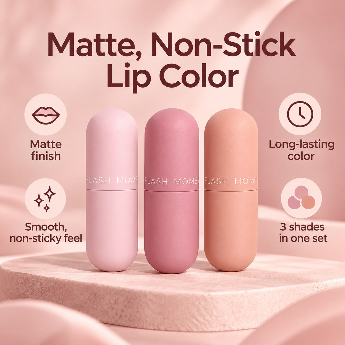 Matte, non-stick lip color: matte finish, smooth non-sticky feel, long-lasting color, 3 shades in one set