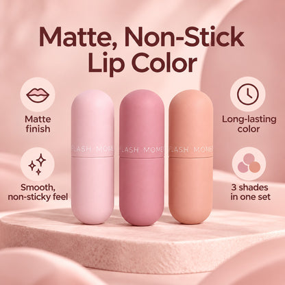Matte, non-stick lip color: matte finish, smooth non-sticky feel, long-lasting color, 3 shades in one set