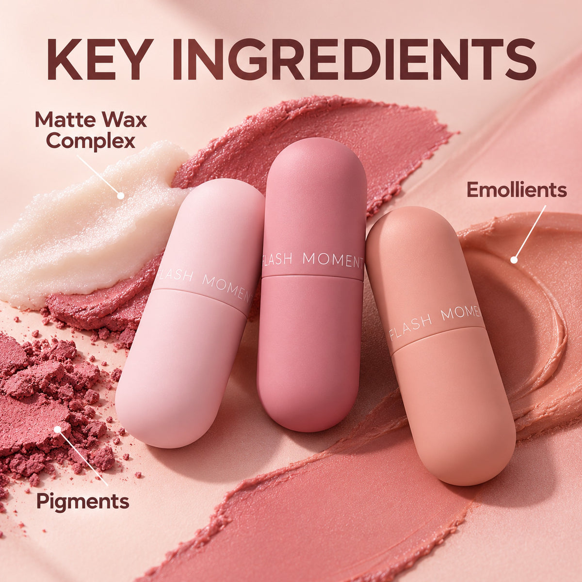 Key ingredients of the matte lip gloss: matte wax complex, pigments, emollients