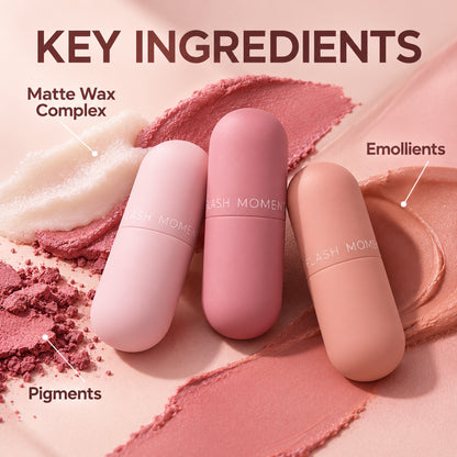 Key ingredients of the matte lip gloss: matte wax complex, pigments, emollients