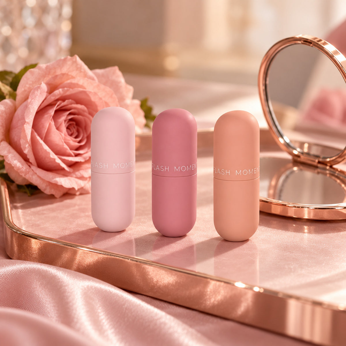 Three Flash Moment capsule lip glosses on a rose-gold vanity tray with a rose and compact mirror