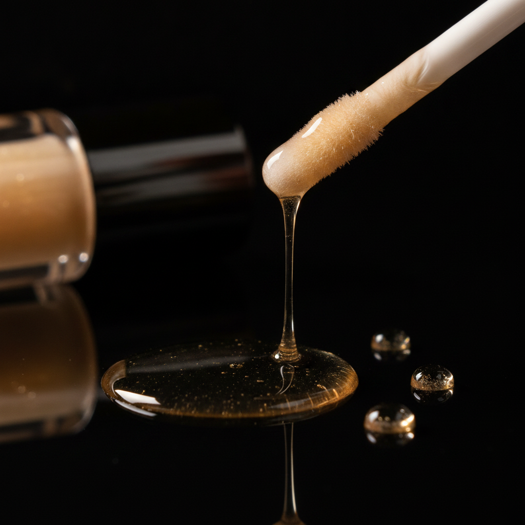 Glossy Hydrating Lip Oil — macro of the glossy golden oil on the applicator wand