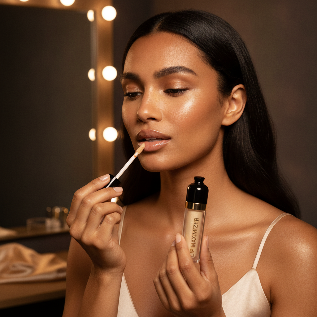 Glossy Hydrating Lip Oil — lifestyle photo of the lip oil being applied with the wand