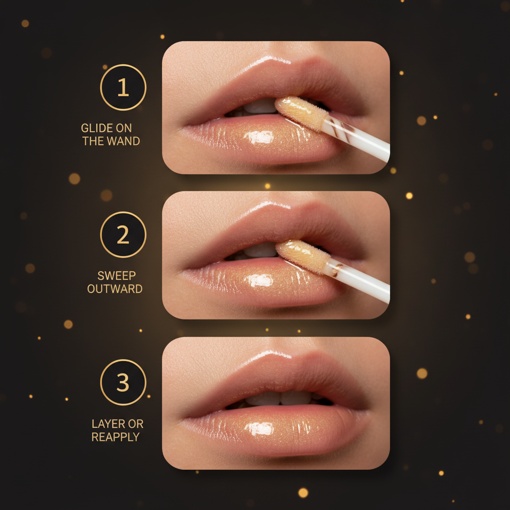 Glossy Hydrating Lip Oil — how to use in three steps: glide on the wand, sweep outward, layer or reapply