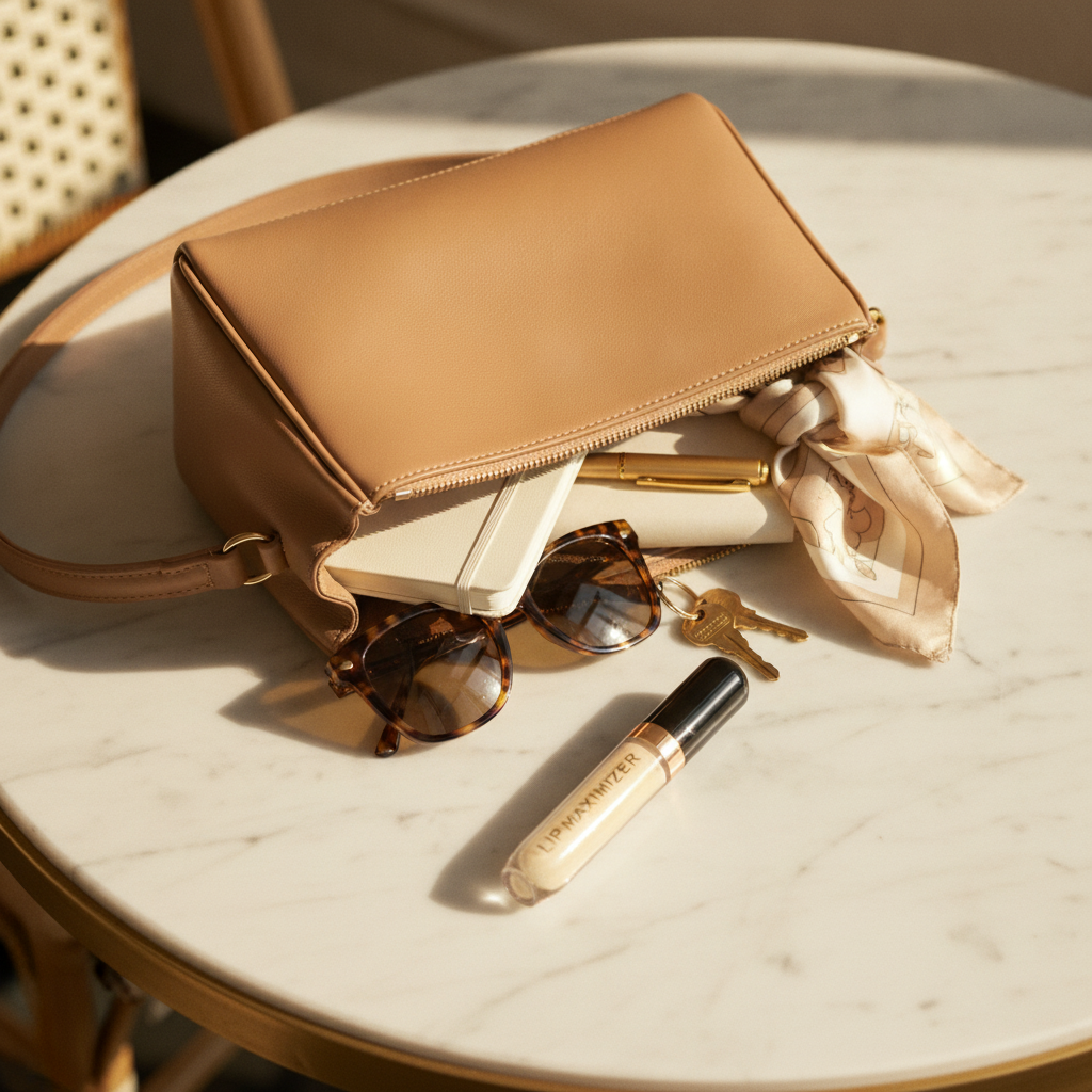 Glossy Hydrating Lip Oil — lifestyle photo of the tube in an open handbag on a café table