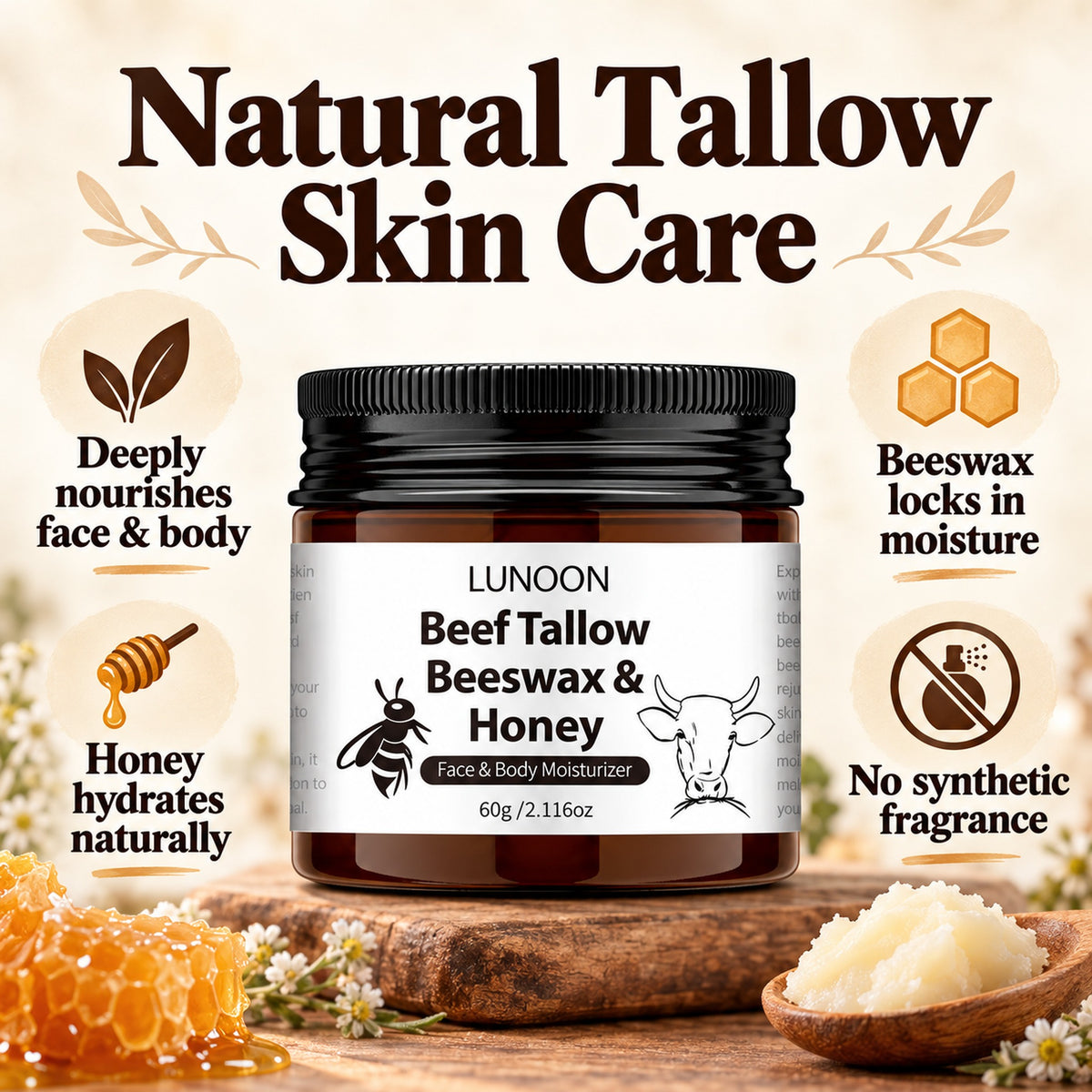 Natural tallow skin care benefits: deeply nourishes face and body, beeswax locks in moisture, honey hydrates naturally, no synthetic fragrance