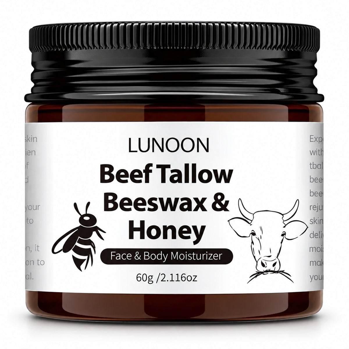 LUNOON Beef Tallow, Beeswax & Honey Face & Body Moisturizer 60g amber jar on white