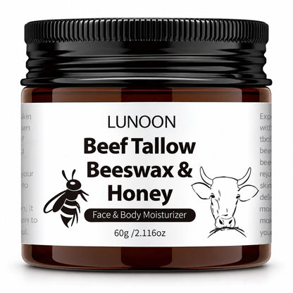 LUNOON Beef Tallow, Beeswax & Honey Face & Body Moisturizer 60g amber jar on white