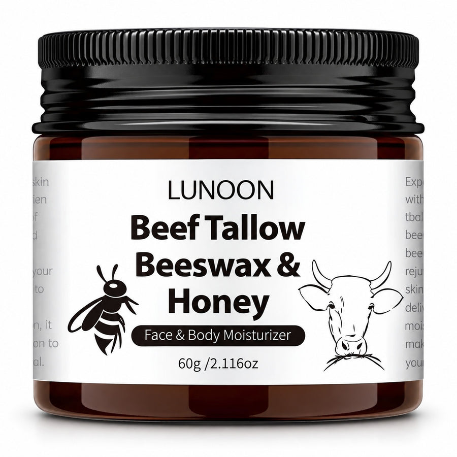 LUNOON Beef Tallow, Beeswax & Honey Face & Body Moisturizer 60g amber jar on white