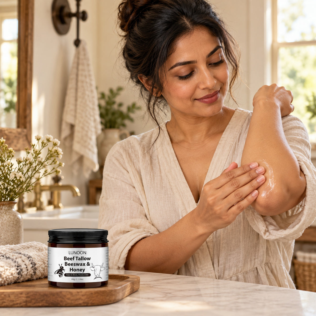 Woman smoothing the tallow balm onto her elbow in a farmhouse bathroom, jar on the counter
