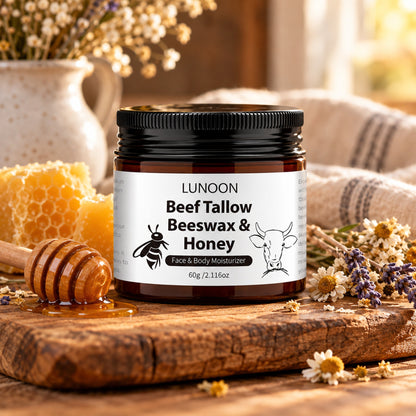 LUNOON tallow balm jar on a rustic wooden board with honeycomb, honey dipper and dried flowers