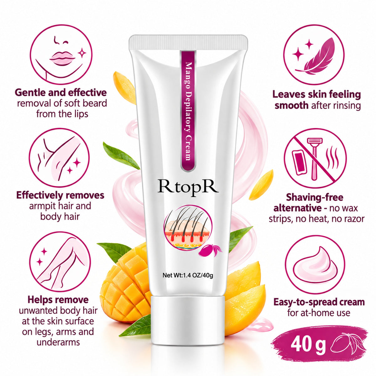Mango Depilatory Cream benefits: removes armpit and body hair, soft lip hair, shaving-free, smooth skin