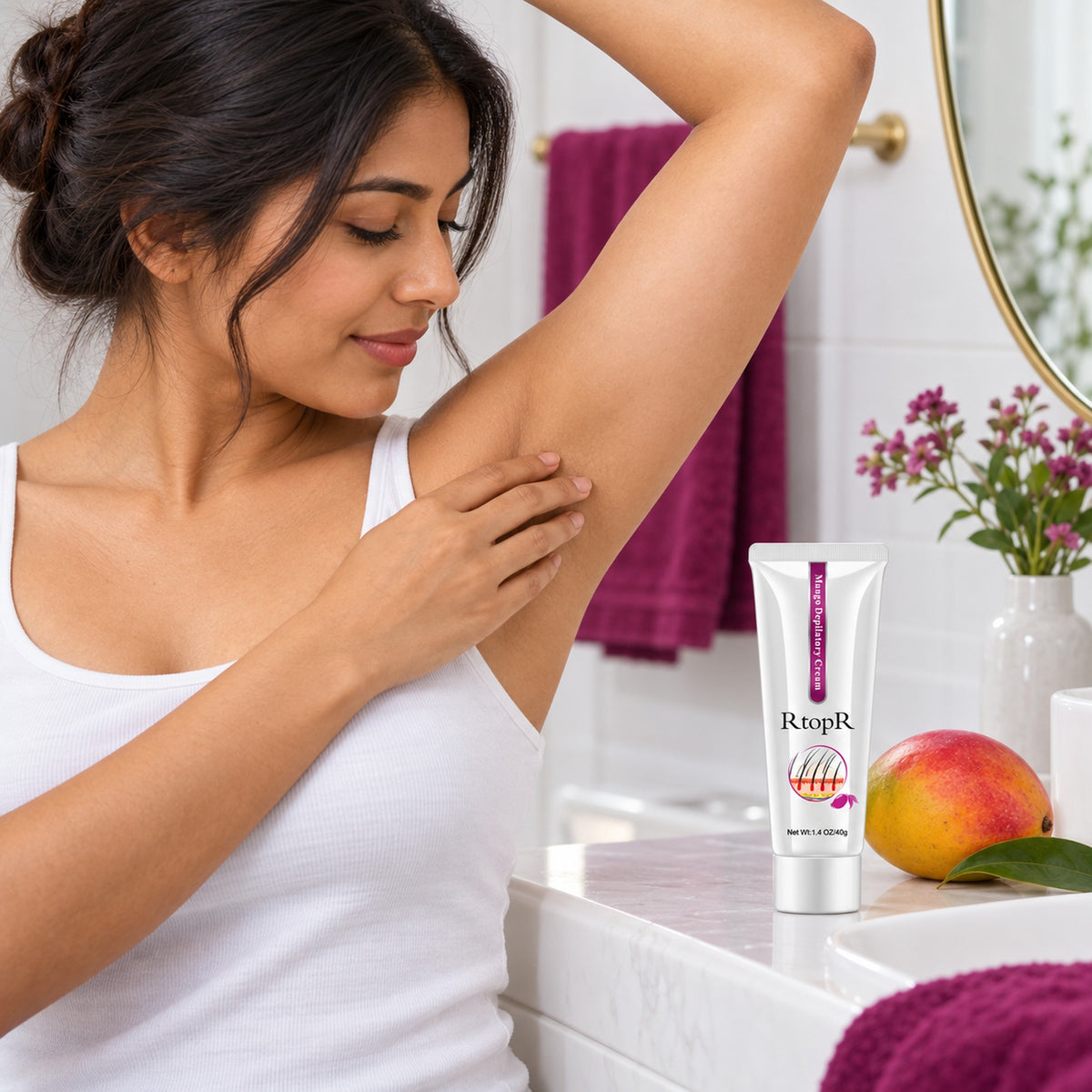 Woman checking smooth underarm skin with mango hair removal cream on the bathroom counter