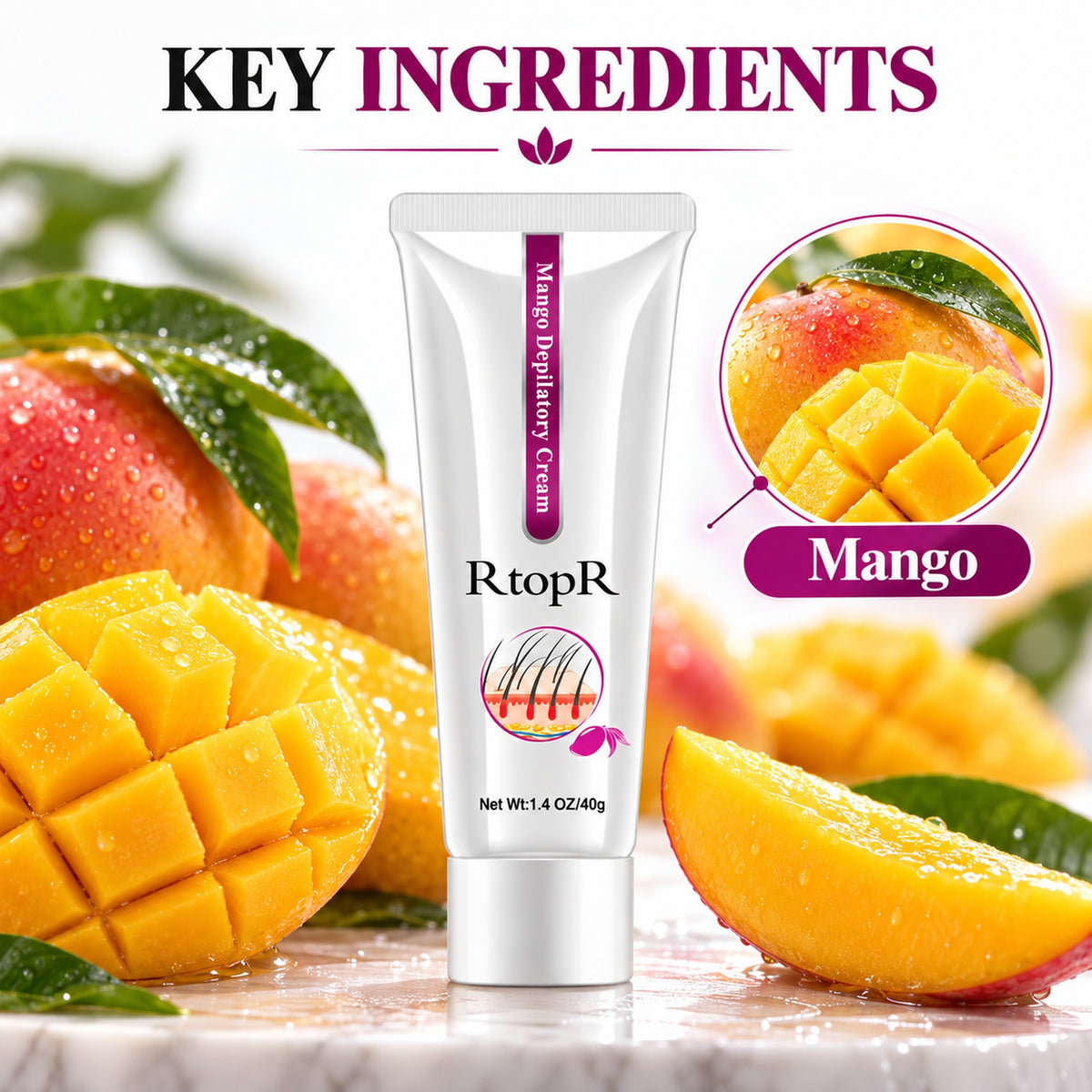 Key ingredients: mango, RtopR depilatory cream with fresh mango