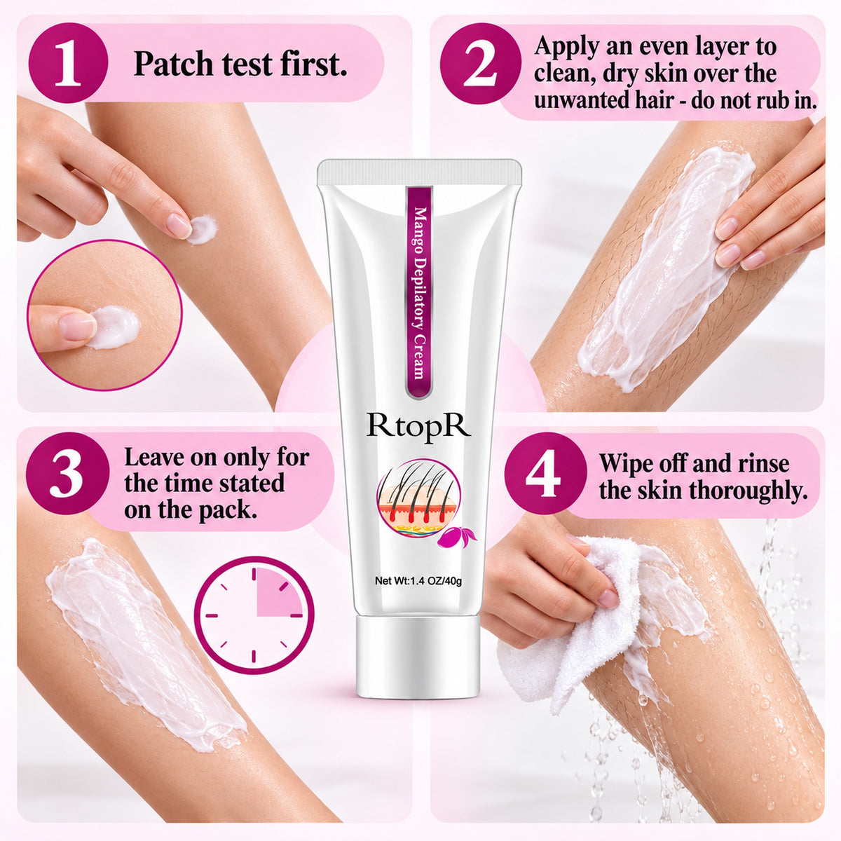 How to use the depilatory cream in 4 steps: patch test, apply, wait, wipe and rinse