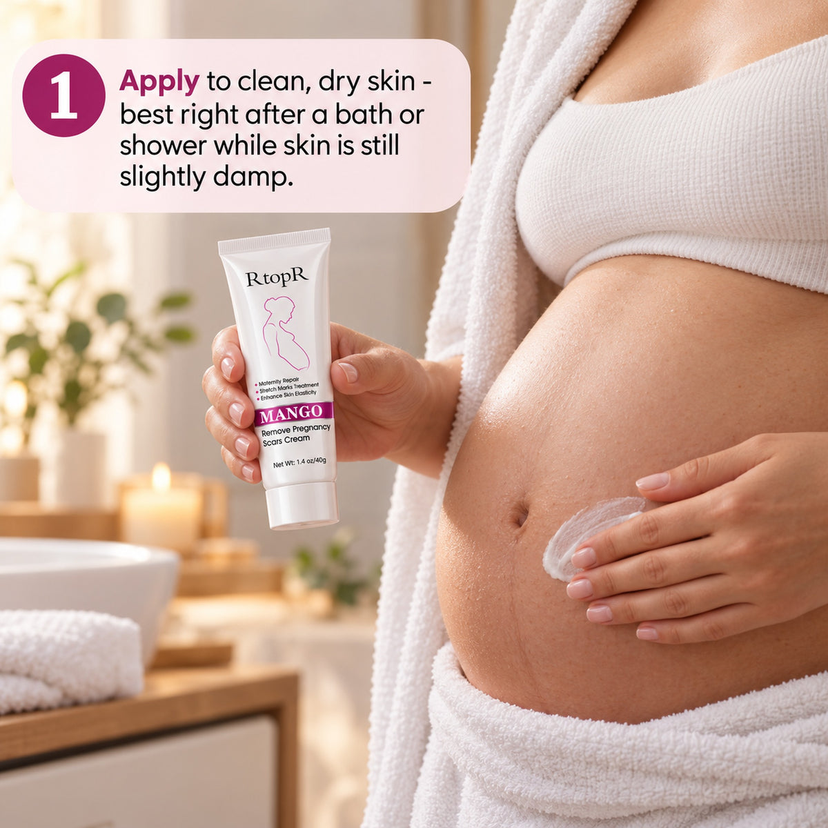 Step 1: apply to clean, slightly damp skin after a bath or shower