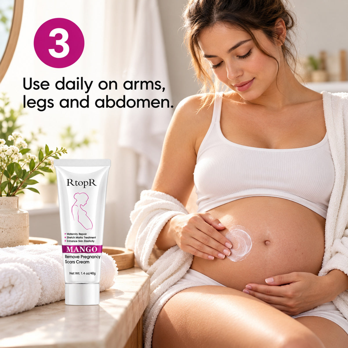Step 3: use daily on arms, legs and abdomen