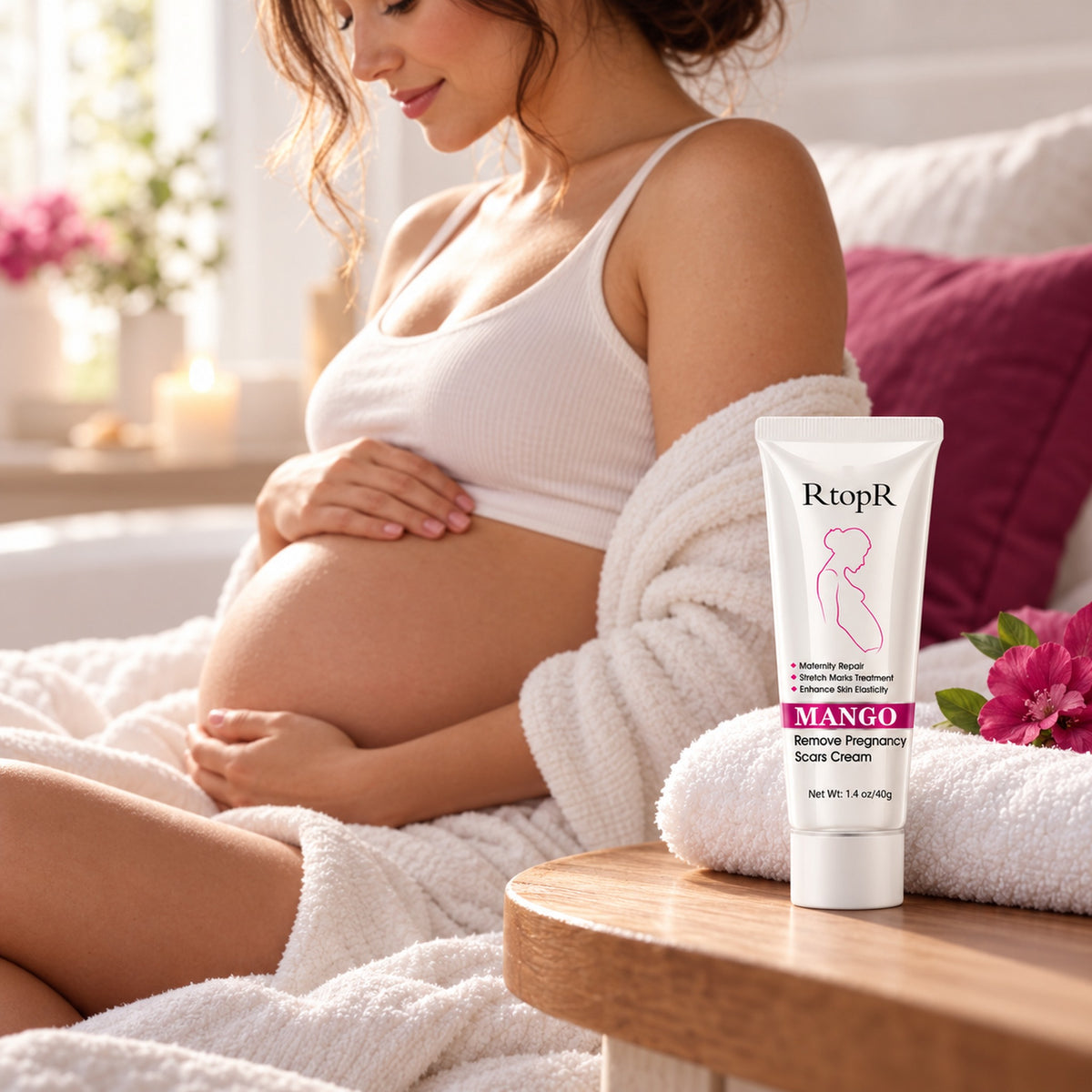 Expectant mother relaxing in bed with the mango body cream on the bedside