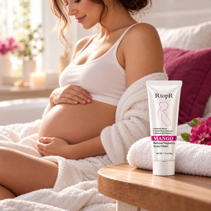 Expectant mother relaxing in bed with the mango body cream on the bedside