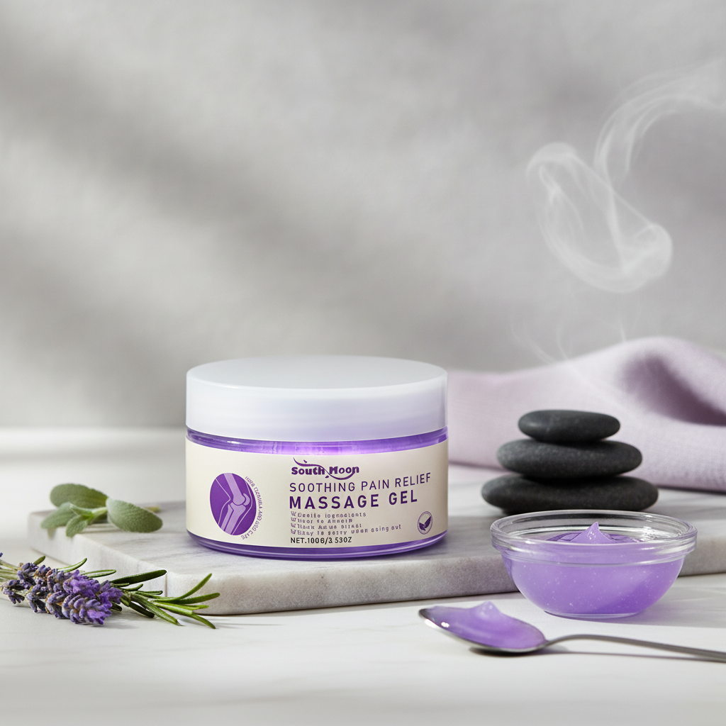 Herbal Warming Massage Gel — styled spa angle on marble with lavender and river stones