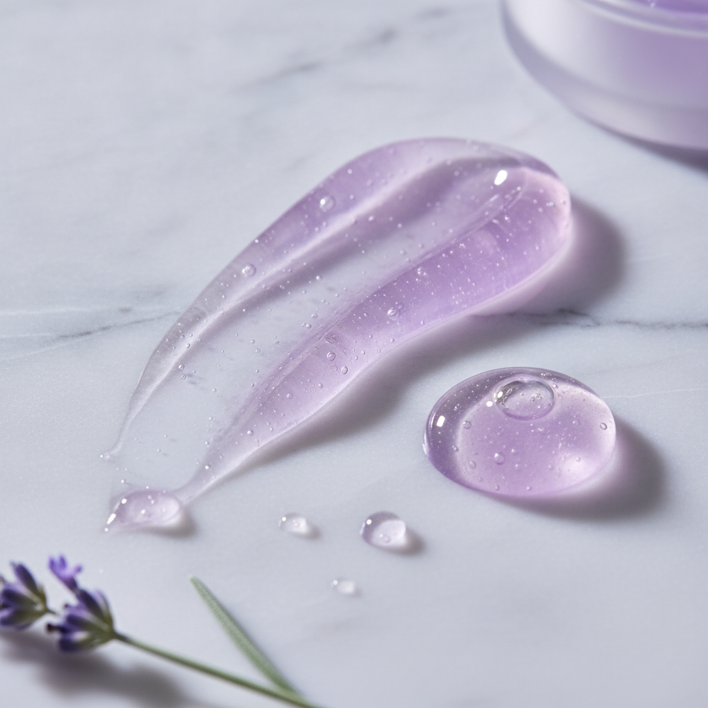 Herbal Warming Massage Gel — macro of the translucent violet gel texture on marble