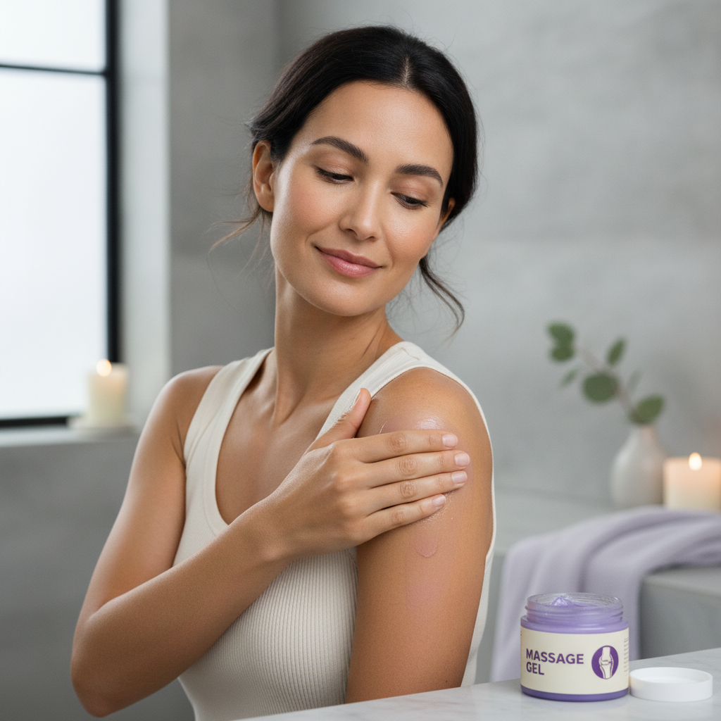Herbal Warming Massage Gel — lifestyle photo of the gel being massaged into the shoulder