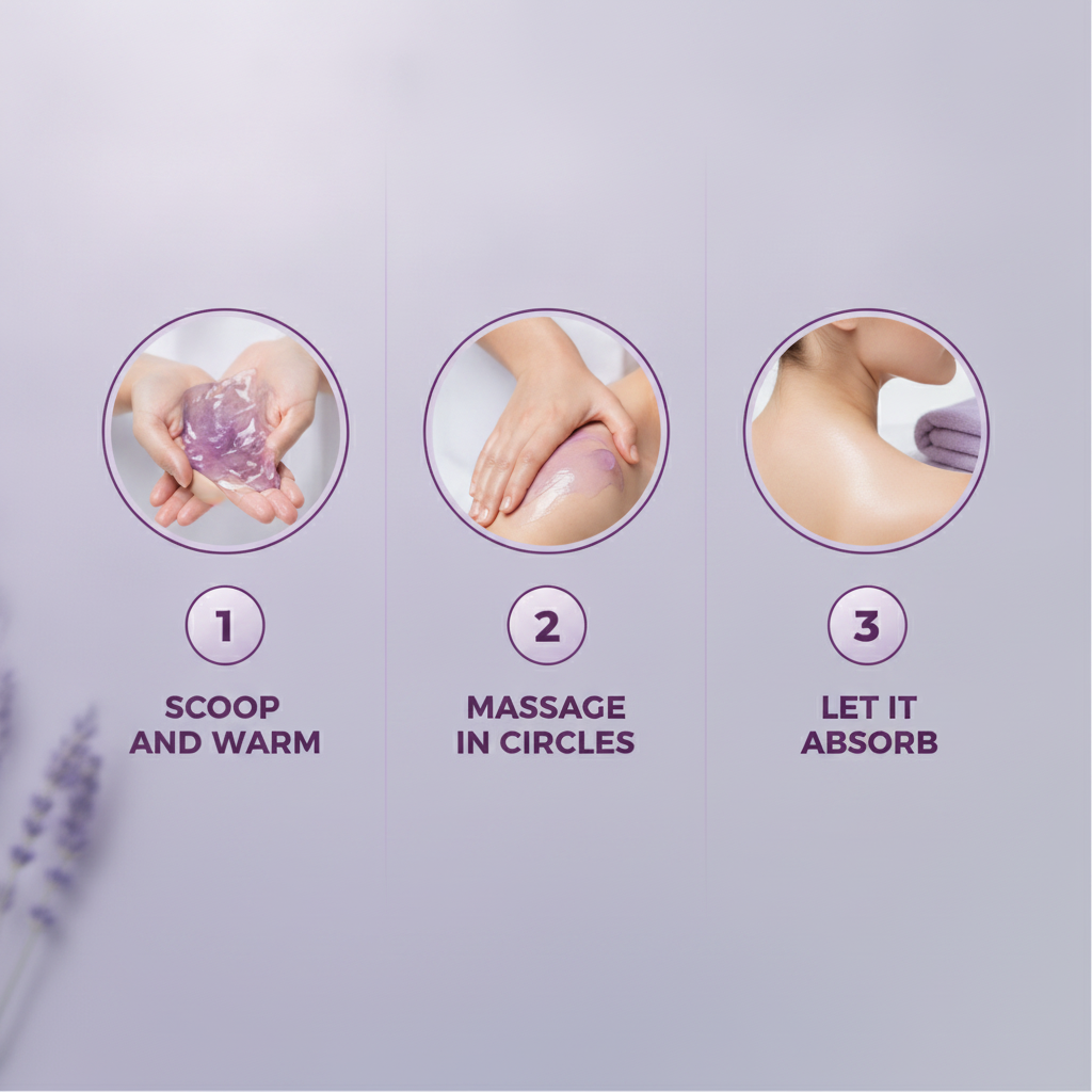 Herbal Warming Massage Gel — how to use in three steps: scoop and warm, massage in circles, let it absorb