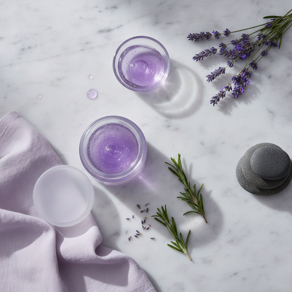 Herbal Warming Massage Gel — editorial overhead flat lay with lavender, rosemary and spa stones