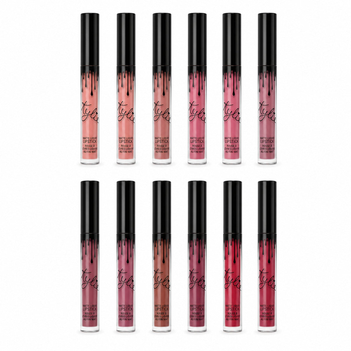 Twelve matte liquid lipsticks on pure white with soft realistic studio shadows