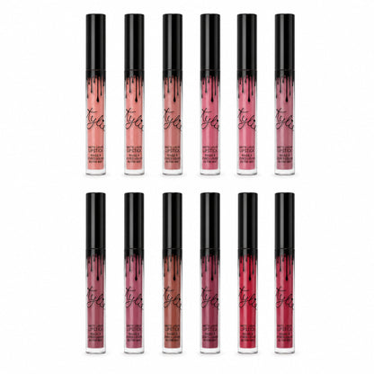 Twelve matte liquid lipsticks on pure white with soft realistic studio shadows