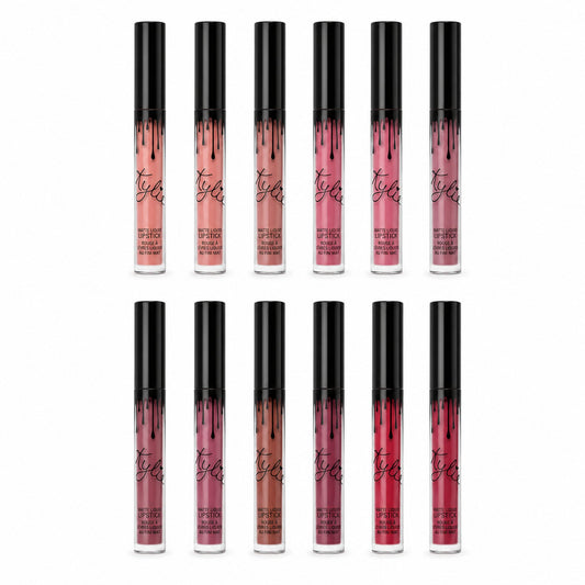 Twelve matte liquid lipsticks on pure white with soft realistic studio shadows