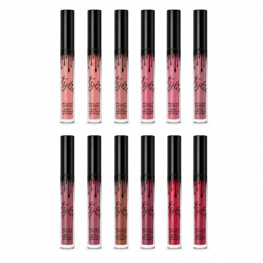 Twelve matte liquid lipsticks on pure white with soft realistic studio shadows