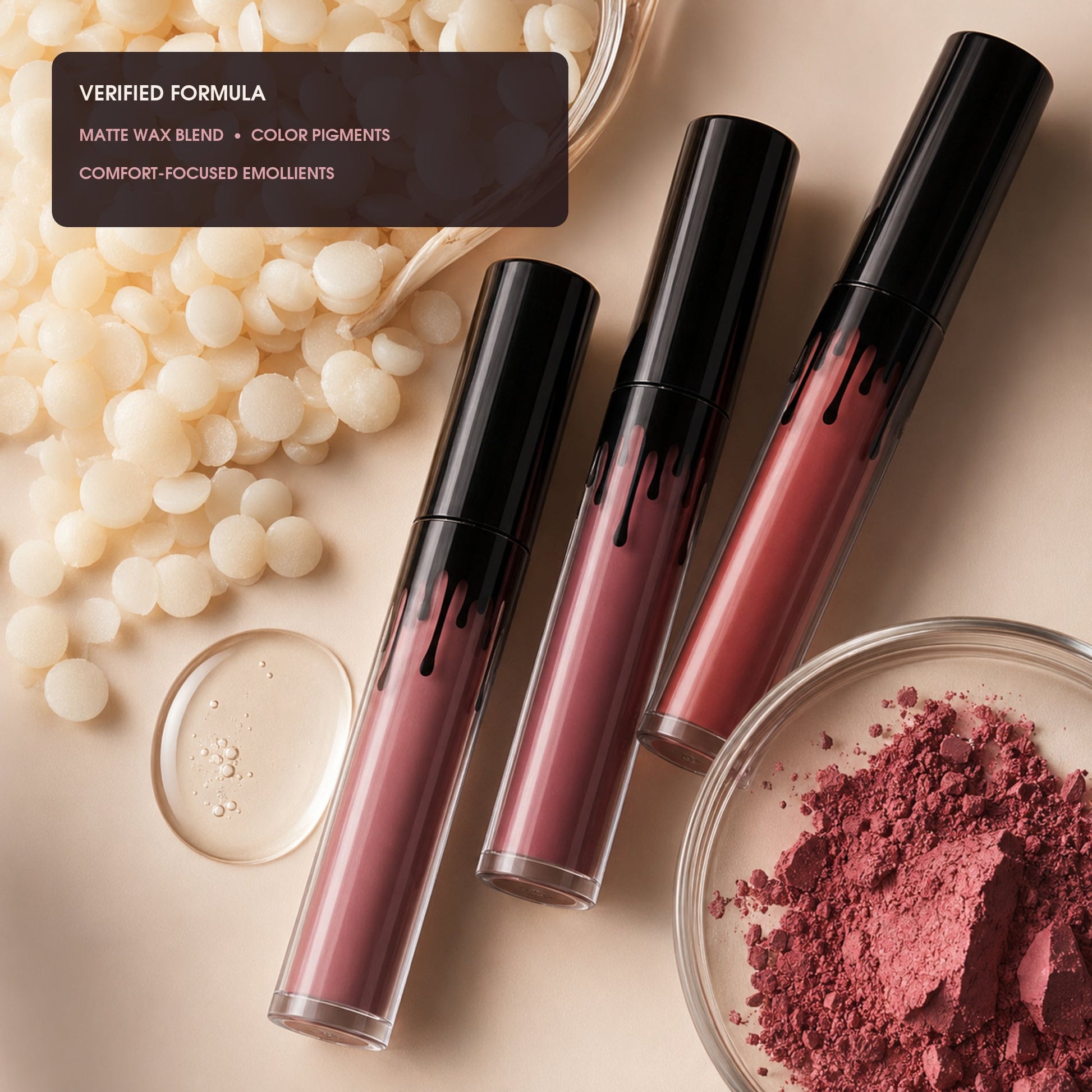 Matte lipstick formula with named wax blend, pigments and comfort-focused emollients