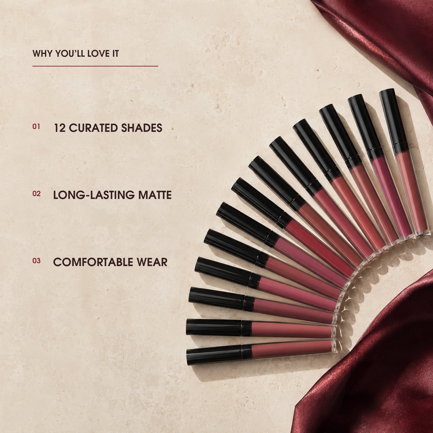 Matte lipstick benefits: twelve shades, long-lasting matte and comfortable wear