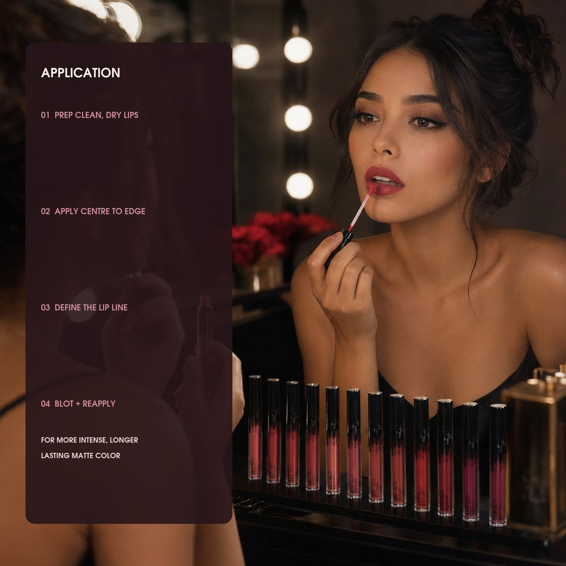 How to apply matte liquid lipstick: prep lips, fill center to edge, define and blot