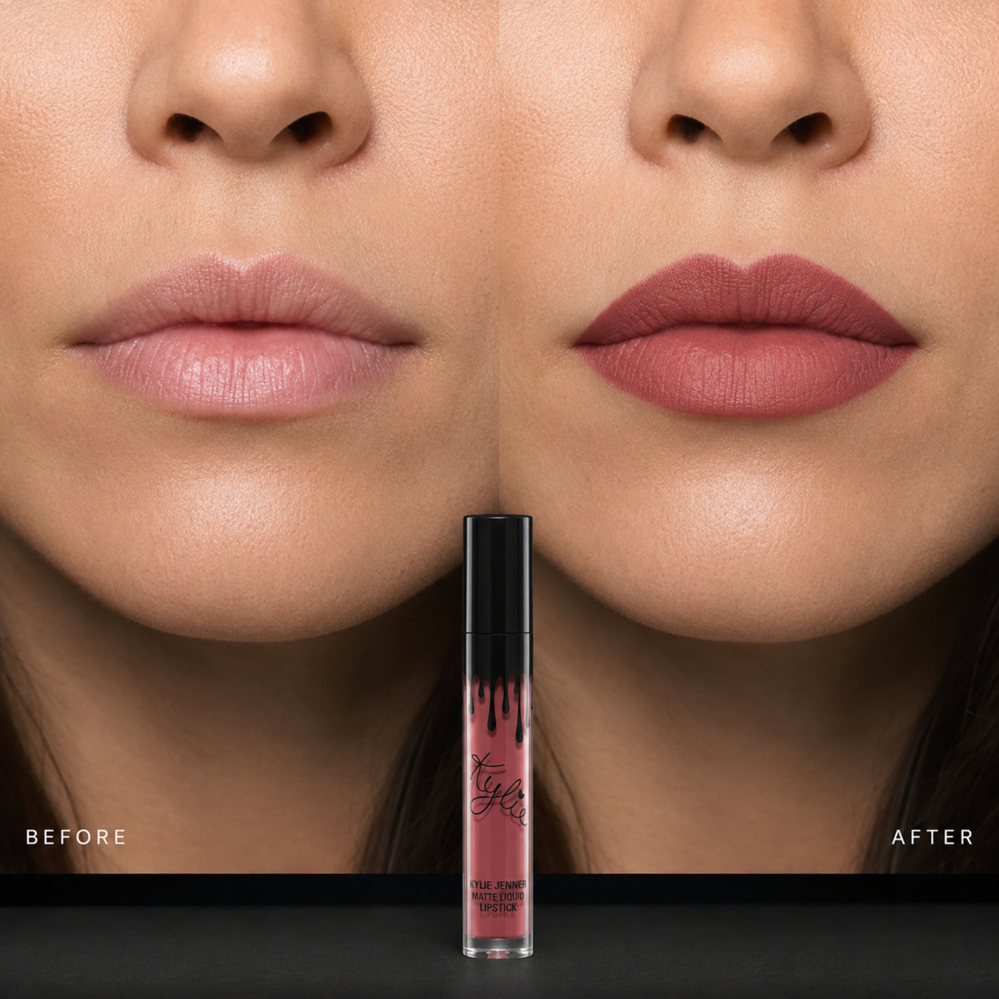 Matte lipstick before-and-after color result shown under identical studio lighting