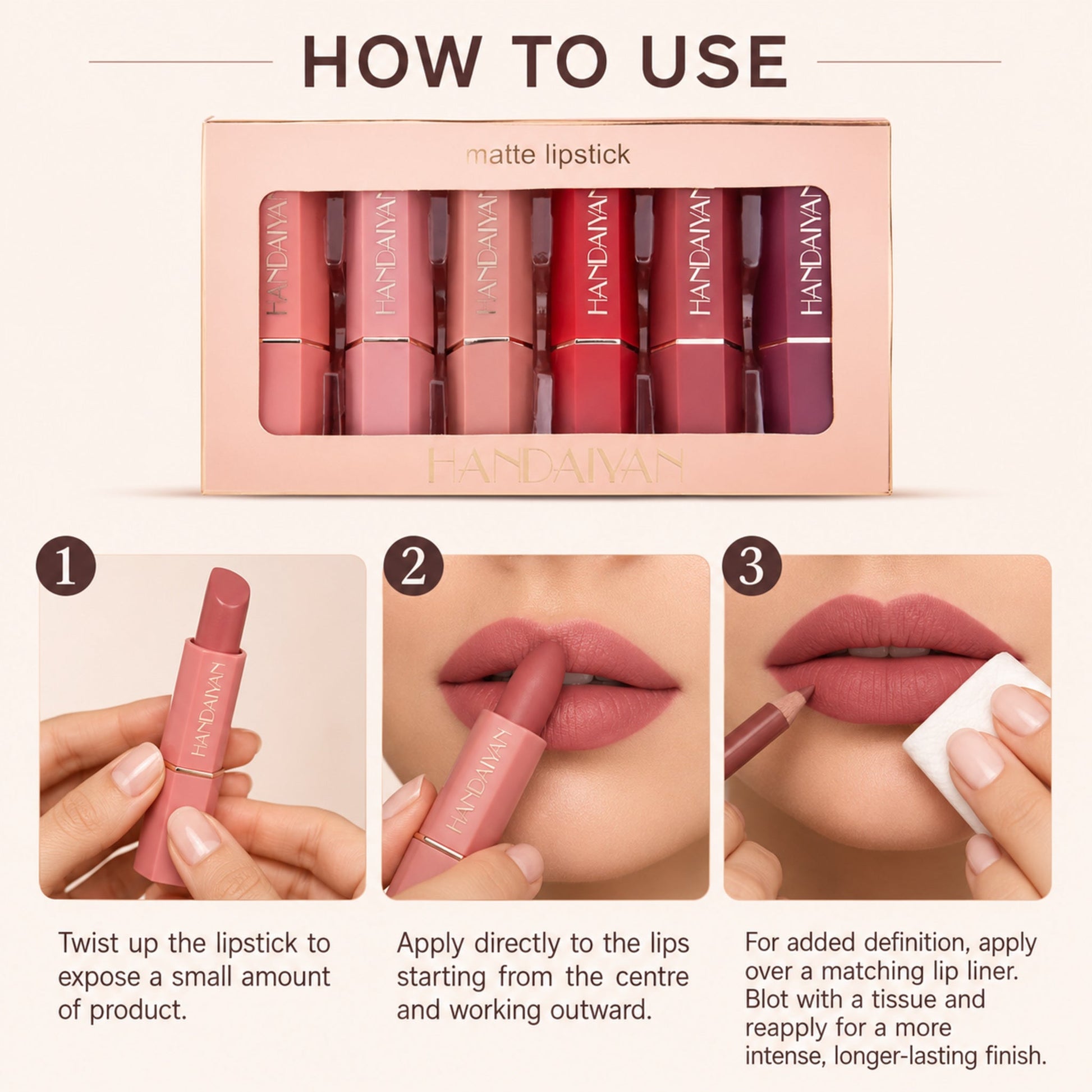 Matte Non-Stick Lipstick Gift Box Set – Long-Lasting Color — photographic three-step how-to