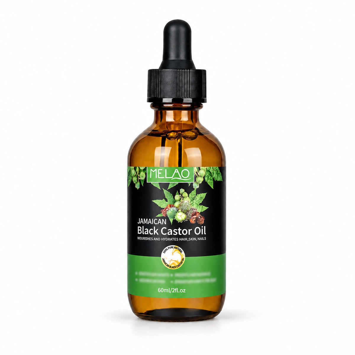 MELAO Jamaican Black Castor Oil 60ml dropper bottle on a white background