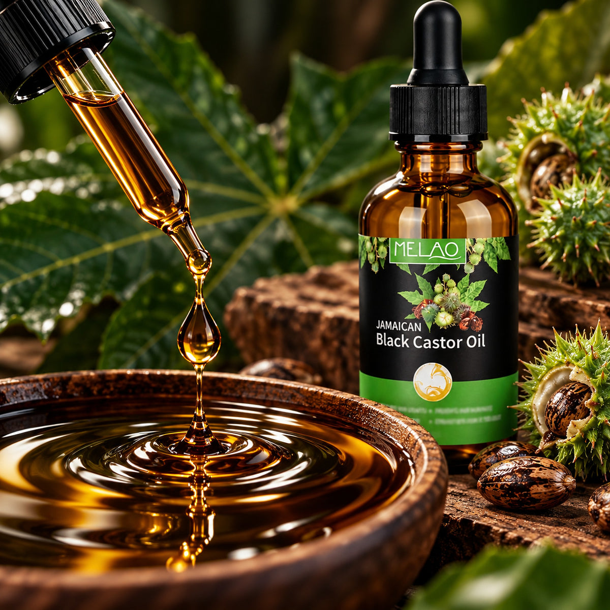 Thick dark amber Jamaican black castor oil dripping from the dropper