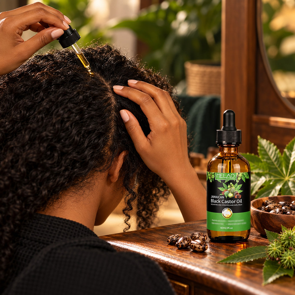 Applying castor oil drops to the scalp