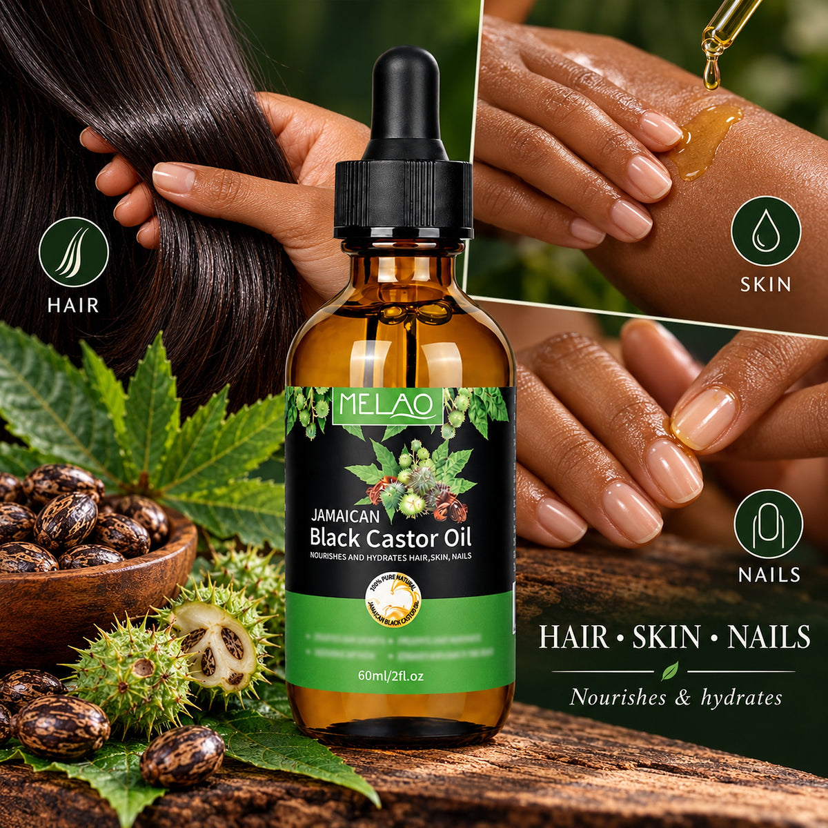 Nourishes and hydrates hair, skin and nails